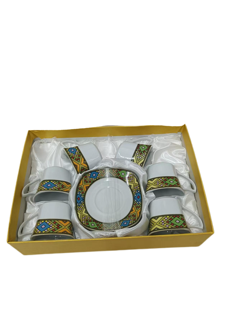 የሻይ 6 ሲኒዎች & 6 ማስቀመጫ (በትልቅ ጥለት)