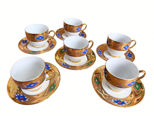 [6861] 6 Electroplate Coffee Cups And Saucers With Handle (Large Telet)